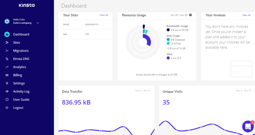 kinsta dashboard