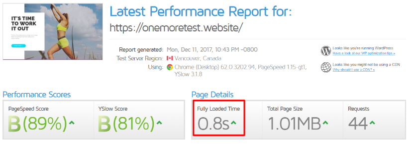 siteground gtmetrix performance test data