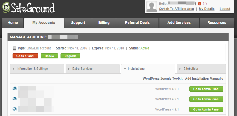 siteground dashboard design