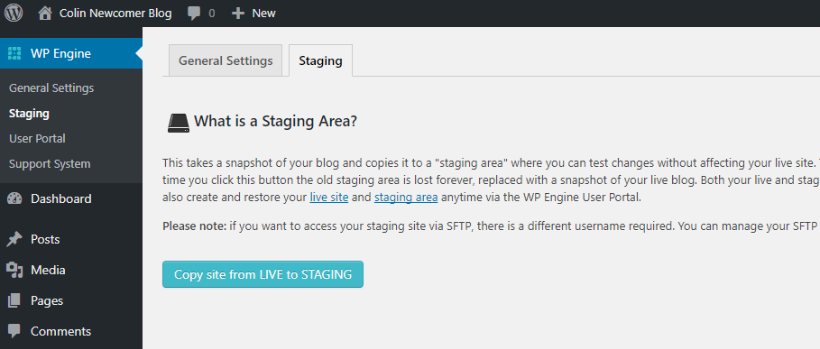 wp engine staging area feature