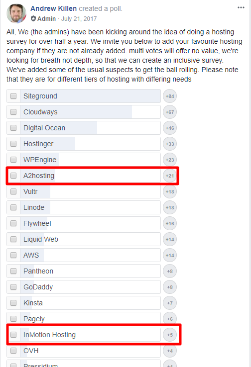 a2 hosting vs inmotion hosting at WordPress Hosting Facebook group