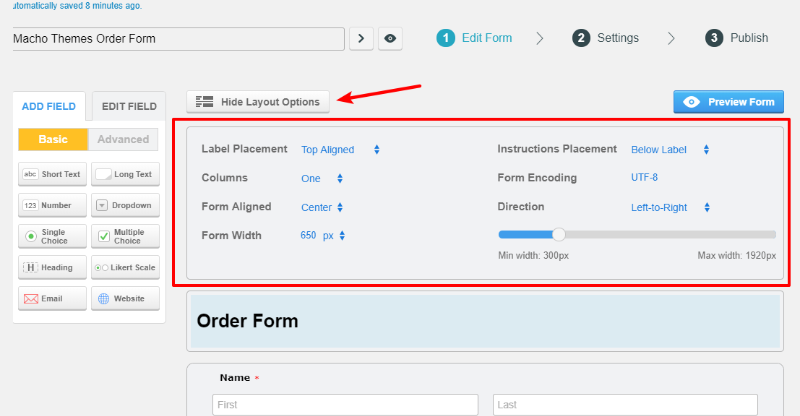 layout settings