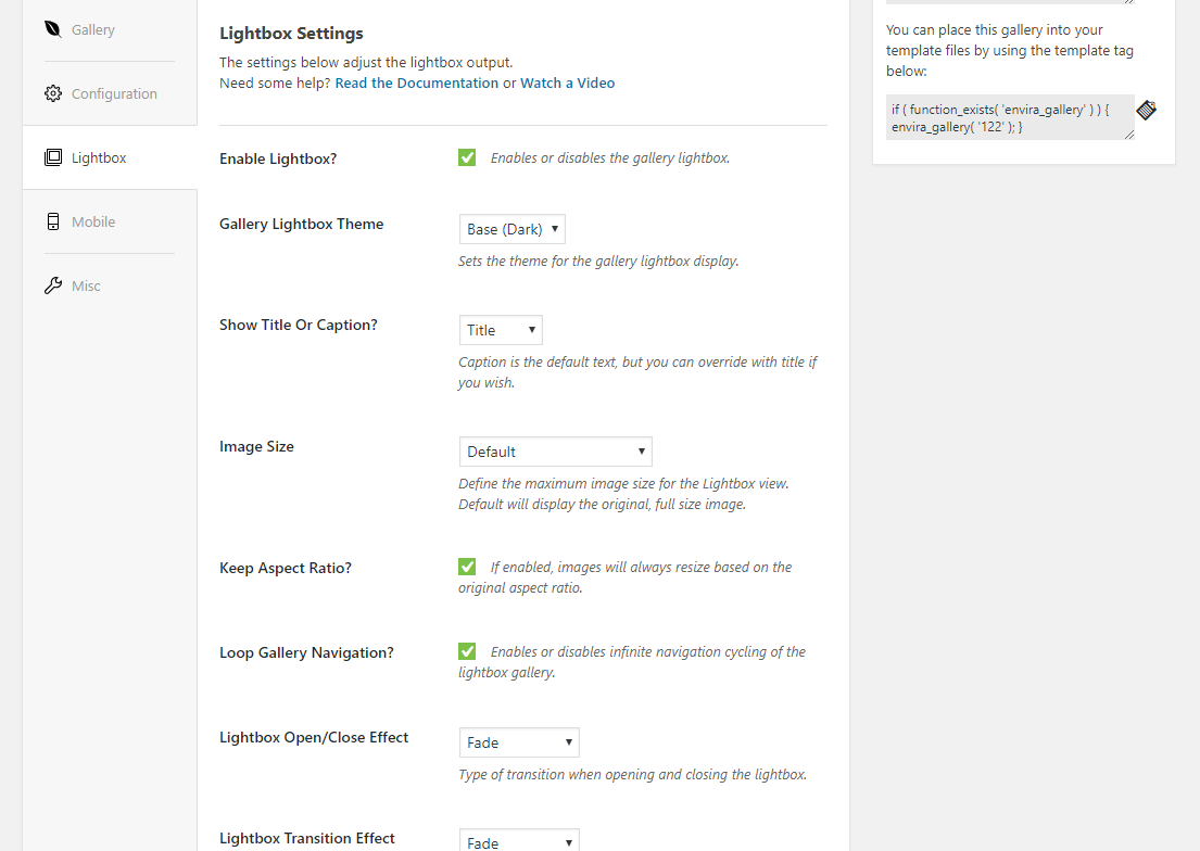 Lightbox settings